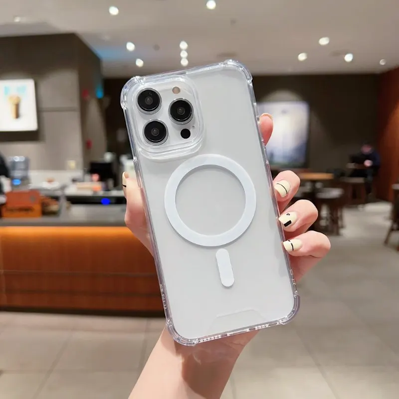 Clear Shockproof Bumper Case - iPhone 18、17 Pro Max、16、15 Pro、14 Plus、13、12に対応。透明で磁力吸着、落下防止、耐衝撃性に優れたMagSafe対応バンパー型背面カバー。